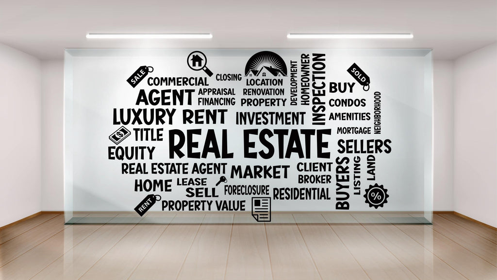 Real Estate Vinyl Wall Decal, Agent Realtor Broker Agency Office Idea Window Business Decor Art Sticker Mural, Real Estate word cloud 565LU