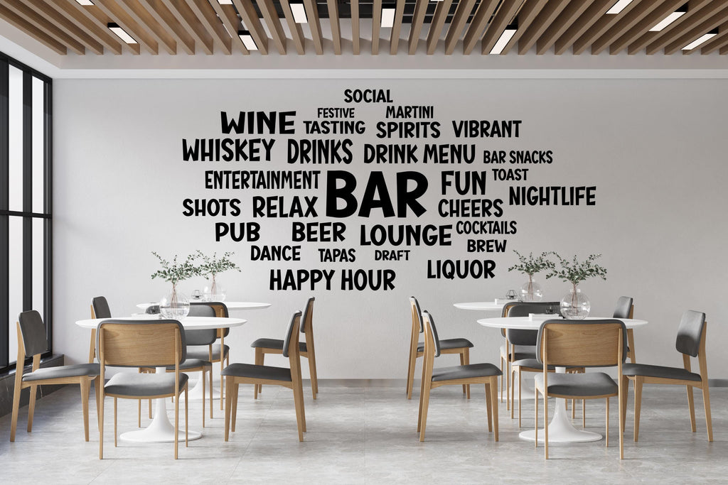 Bar Word Cloud Wall Decal – Cocktail & Drink Lounge Inspired Wall Decor – Unique Bar Pub Wall Art for Bar Restaurants Wall Decor 569LU