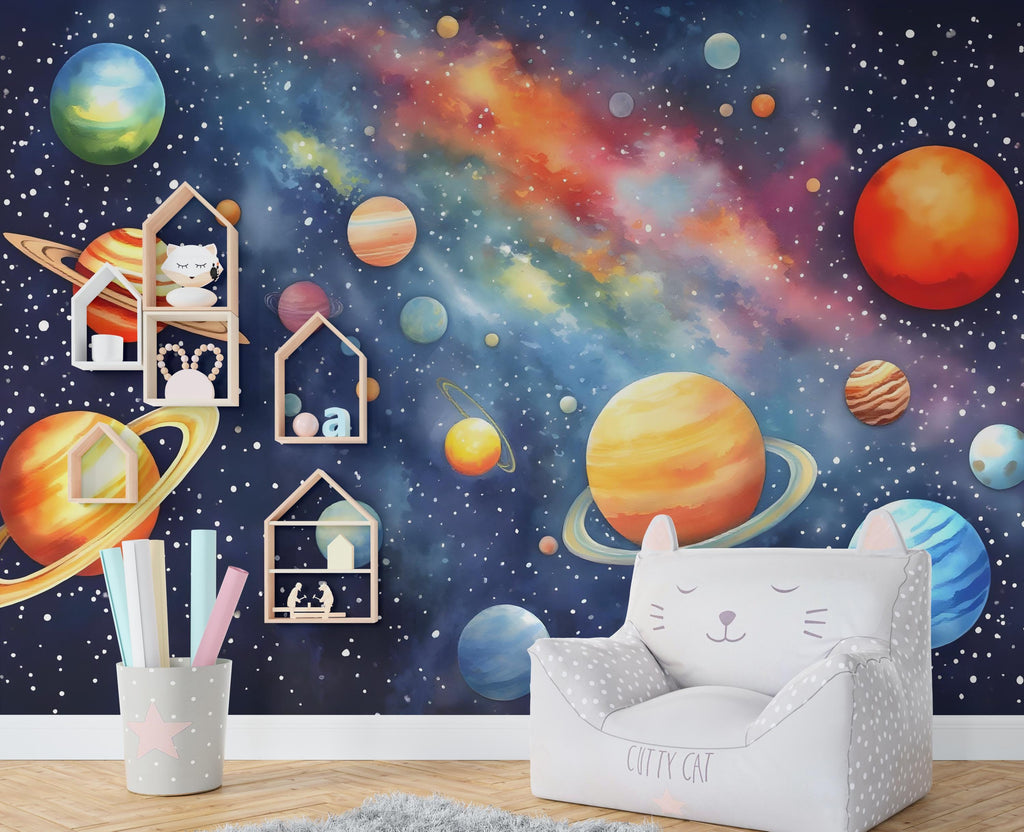 Solar System watercolor Wall Graphics Peel and Stick Girl room Wallpaper Nursery Milkly Way nursery Stars wall decor Mural 539RS