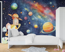 Load image into Gallery viewer, Solar System watercolor Wall Graphics Peel and Stick Girl room Wallpaper Nursery Milkly Way nursery Stars wall decor Mural 539RS