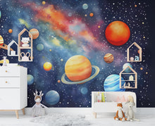 Load image into Gallery viewer, Solar System watercolor Wall Graphics Peel and Stick Girl room Wallpaper Nursery Milkly Way nursery Stars wall decor Mural 539RS