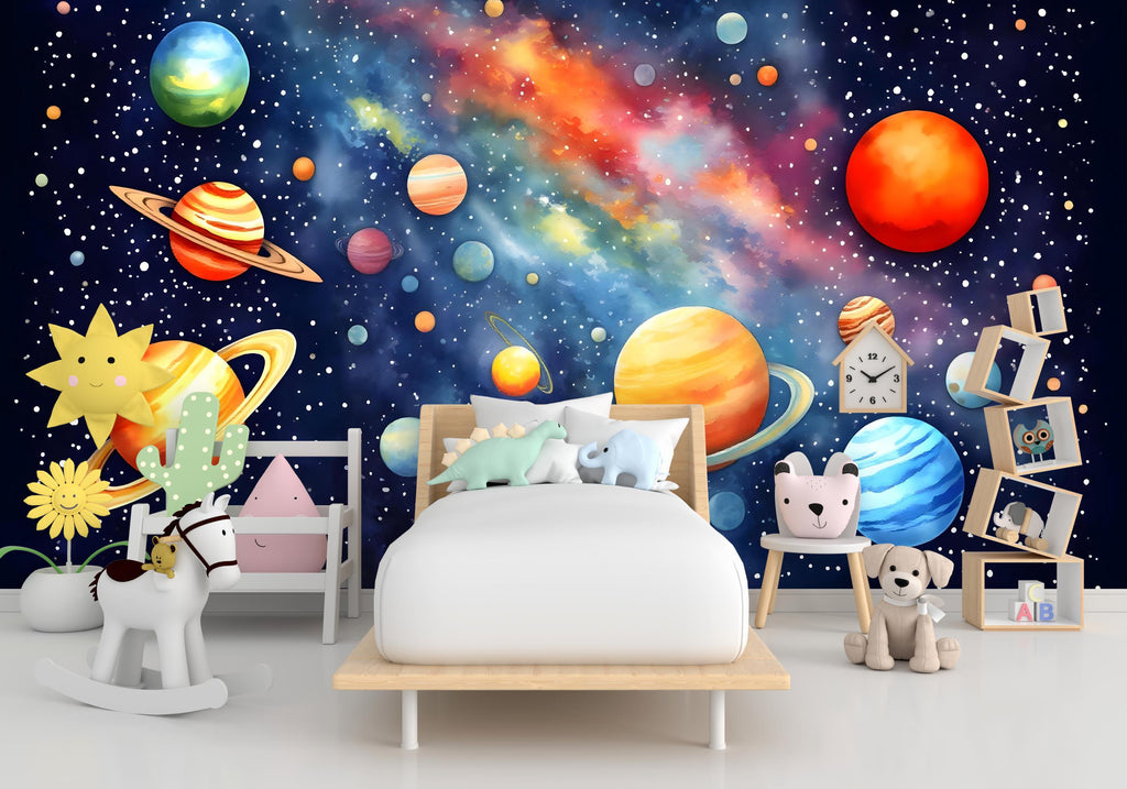 Solar System watercolor Wall Graphics Peel and Stick Girl room Wallpaper Nursery Milkly Way nursery Stars wall decor Mural 539RS