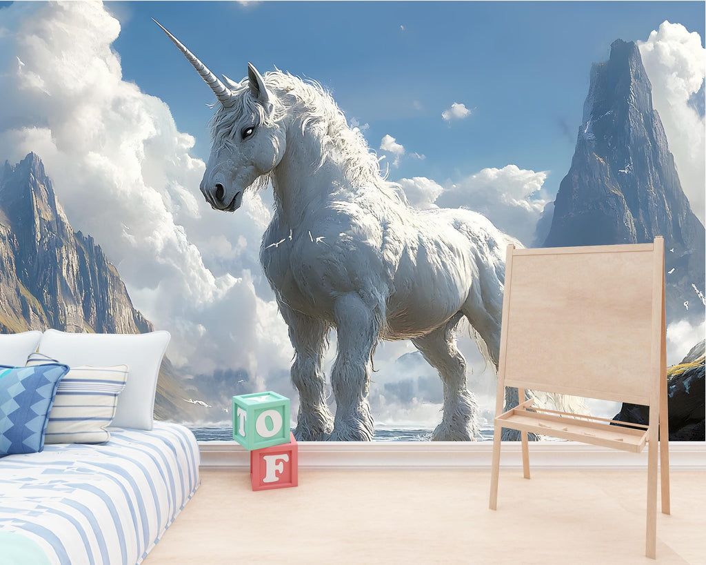 Majestic Unicorn Wall Mural - Fantasy Mountain Wallpaper - Peel and Stick Wall Art for Kids Room, Living Room, or Magical Decor Vn026