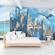 Load image into Gallery viewer, Magical Fantasy Castle Wallpaper with Dragon - Peel and Stick Wall Mural - Enchanting Home Decor for Kids Room or Fantasy Lovers Vn027