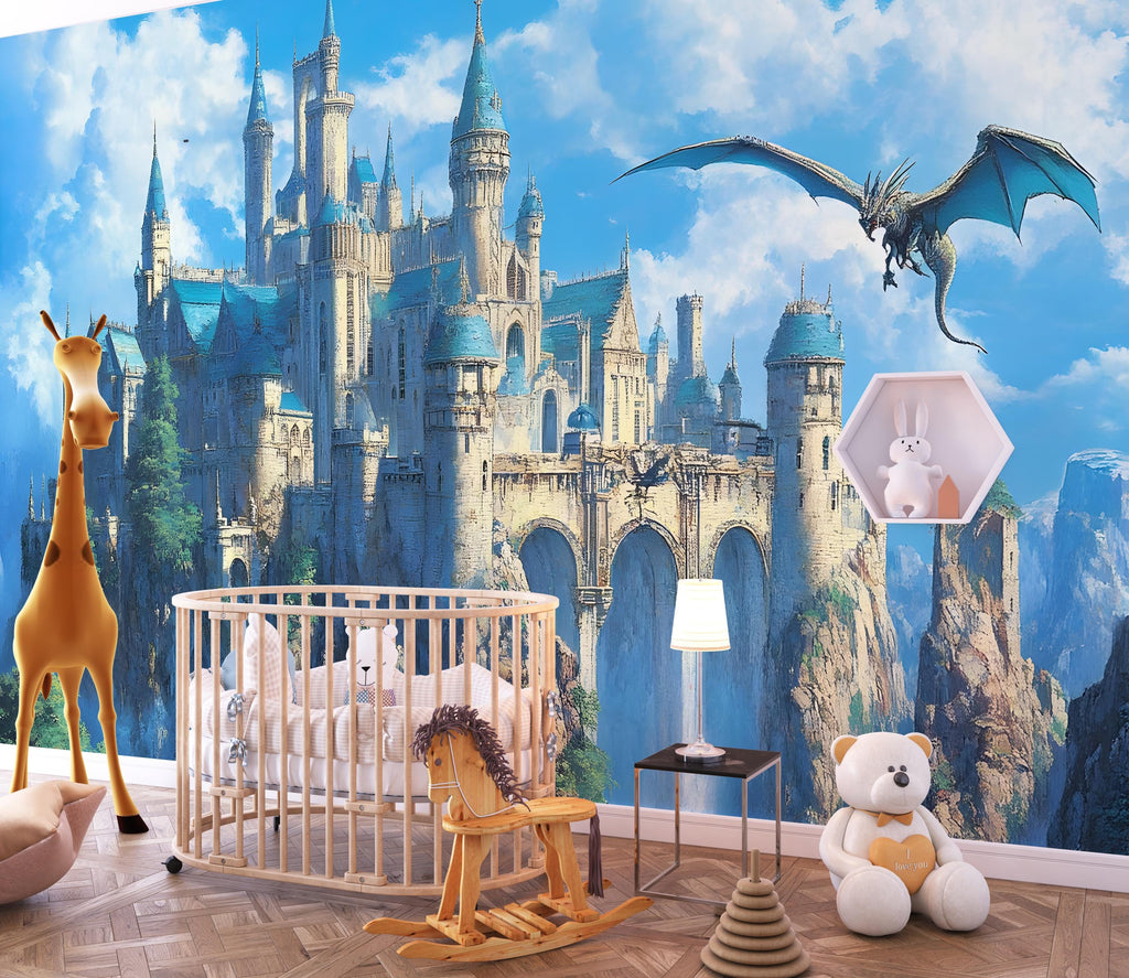 Magical Fantasy Castle Wallpaper with Dragon - Peel and Stick Wall Mural - Enchanting Home Decor for Kids Room or Fantasy Lovers Vn027