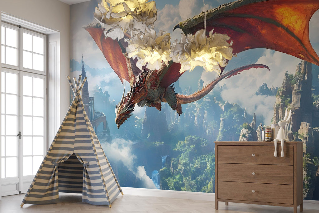 Majestic Flying Dragon Wall Mural - Fantasy Art Wallpaper for Kids Rooms, Playrooms, Living Rooms - Peel & Stick or Non-Woven Options Vn028