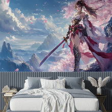 Load image into Gallery viewer, Warrior Princess Wall Mural - Epic Fantasy Artwork with Cherry Blossom Backdrop - Stunning Japanese-Inspired Peel and Stick Wallpaper Vn031