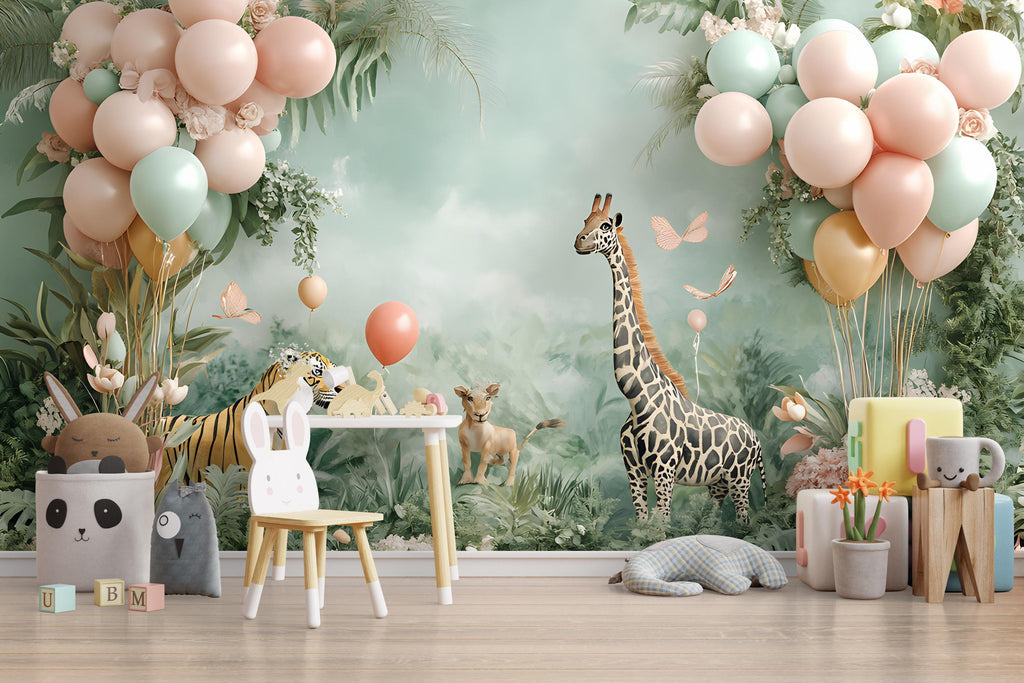 Watercolor Animals Nursery Wallpaper, Giraffe Tiger Jungle Wall Decal, Watercolor Nursery Wallpaper, Watercolor Animals Wall Decal vn044