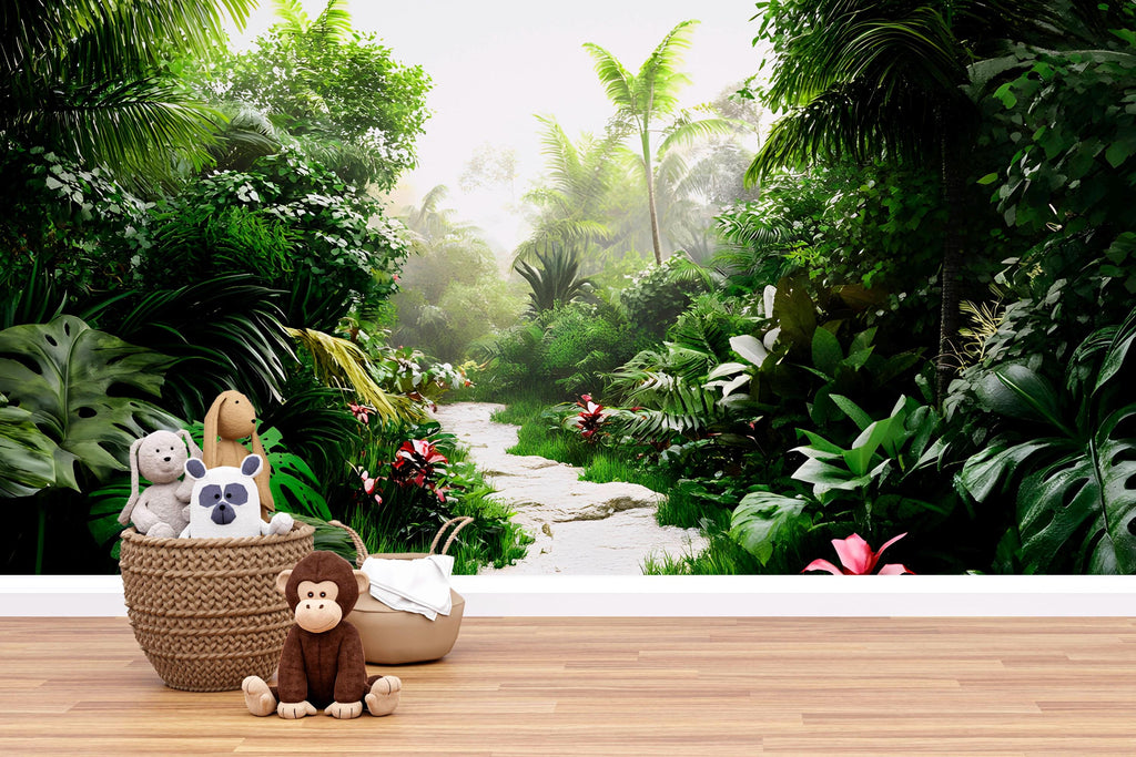 Watercolor Jungles Nursery Wallpaper, Jungle Wall Decal, Watercolor Nursery Jungles Wallpaper, Colorful Forest Wallpaper vn045