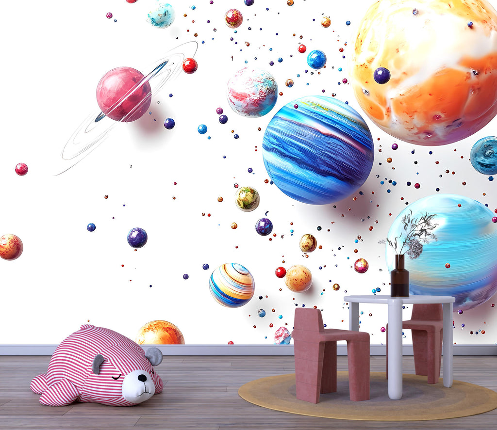 Planets 3D Wallpaper, Space Theme Wallpaper, Planets with Vibrant Colors Wallpaper, Planets Wall Decal, Space Wallpaer, Space Art vn051