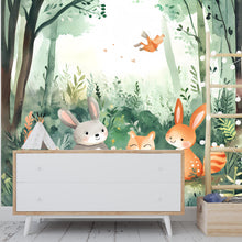 Load image into Gallery viewer, Watercolor Animals Nursery Wallpaper, Watercolor Rabbits Wall Decal, Watercolor Nursery Wallpaper, Watercolor Animals Wall Decal vn059