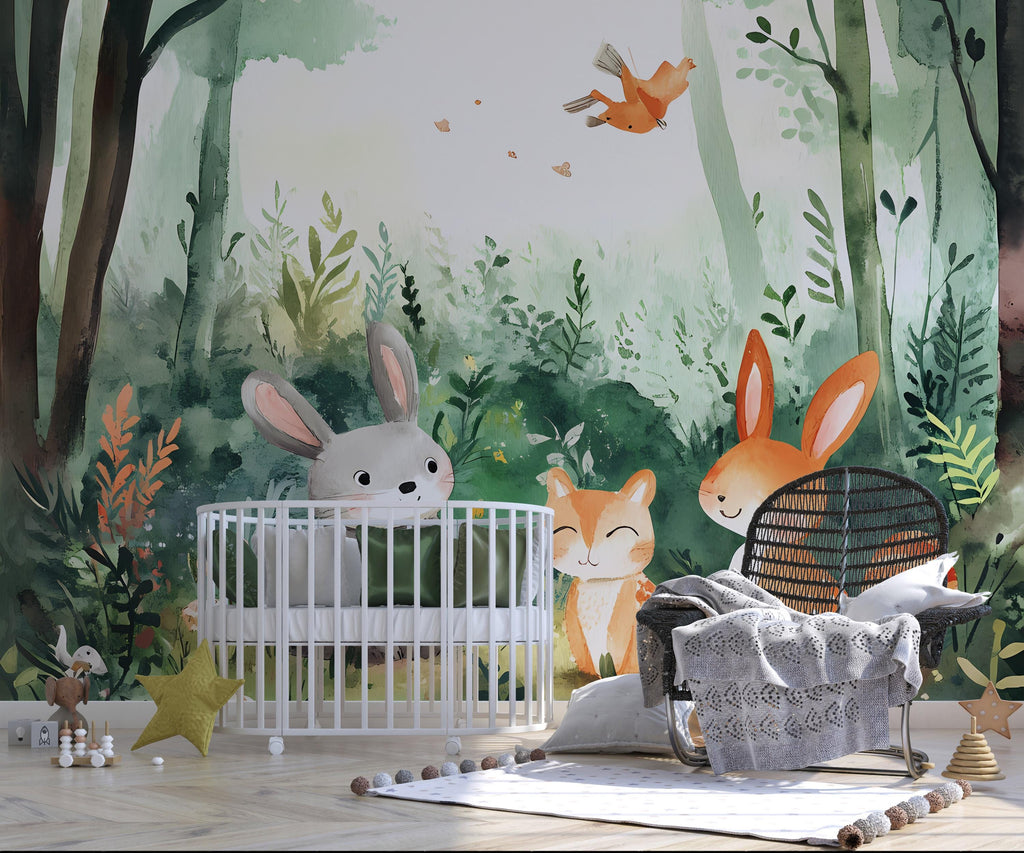 Watercolor Animals Nursery Wallpaper, Watercolor Rabbits Wall Decal, Watercolor Nursery Wallpaper, Watercolor Animals Wall Decal vn059