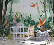 Load image into Gallery viewer, Watercolor Animals Nursery Wallpaper, Watercolor Rabbits Wall Decal, Watercolor Nursery Wallpaper, Watercolor Animals Wall Decal vn059