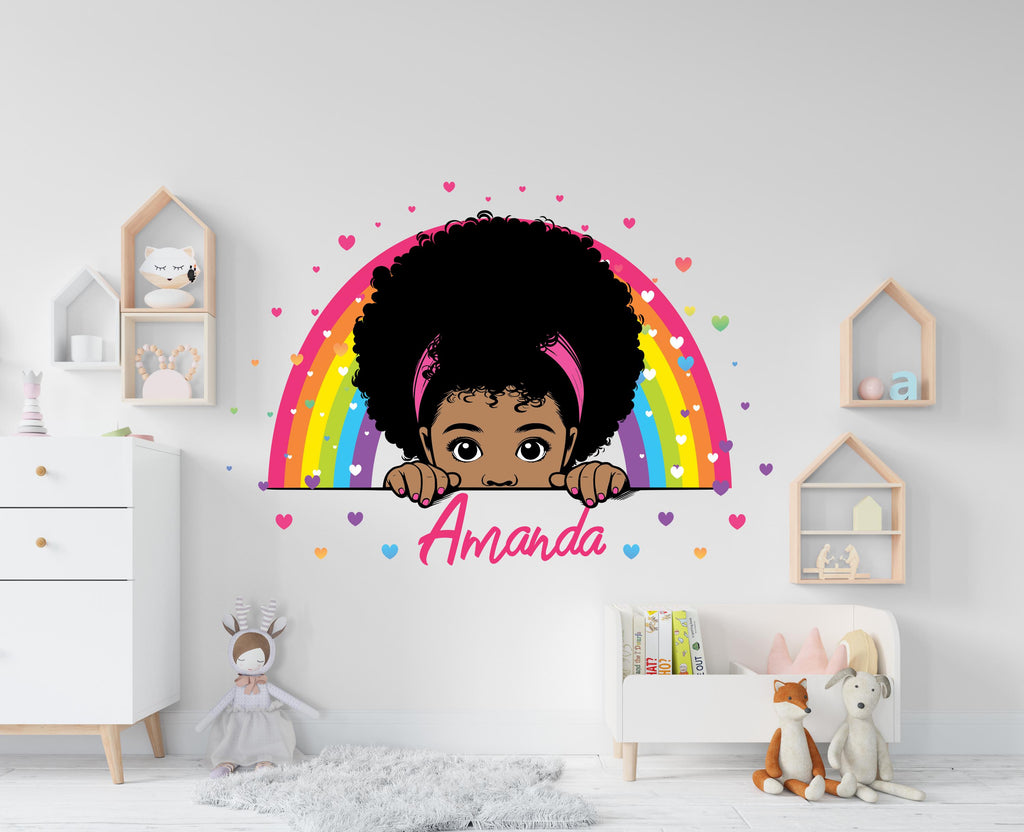 Personalized Afro Girl Rainbow Wall Decal, Custom Name Vinyl Art