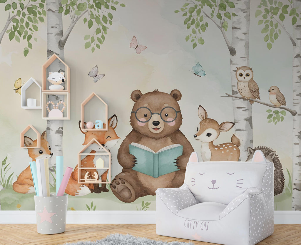 Bear Reading a book Wall Graphics Fox Peel and Stick Girl room Forest Wallpaper Nursery Self Adhesive Nursery wall decor Mural 574RS