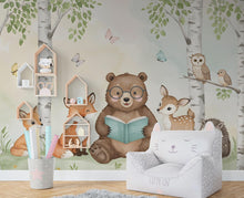 Load image into Gallery viewer, Bear Reading a book Wall Graphics Fox Peel and Stick Girl room Forest Wallpaper Nursery Self Adhesive Nursery wall decor Mural 574RS