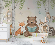 Load image into Gallery viewer, Bear Reading a book Wall Graphics Fox Peel and Stick Girl room Forest Wallpaper Nursery Self Adhesive Nursery wall decor Mural 574RS