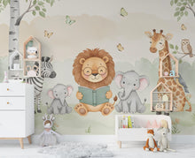 Load image into Gallery viewer, Lion Reading a book Wall Graphics Zebra Peel and Stick Elephant room Safari Wallpaper Nursery Giraffe Nursery wall decor Mural 575RS