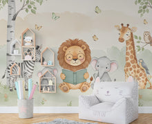 Load image into Gallery viewer, Lion Reading a book Wall Graphics Zebra Peel and Stick Elephant room Safari Wallpaper Nursery Giraffe Nursery wall decor Mural 575RS