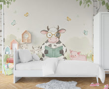 Load image into Gallery viewer, Cow Reading a book Wall Graphics Farm Animal Peel and Stick Goat Sheep Pig Animals room Farm Wallpaper Nursery wall decor Mural 576RS