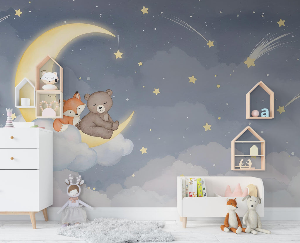 Bear and Fox on Moon Wall Graphics Farm Animal Peel and Stick Bear Animals room Fox Wallpaper Nursery wall decor Mural 577RS