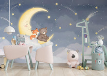 Load image into Gallery viewer, Bear and Fox on Moon Wall Graphics Farm Animal Peel and Stick Bear Animals room Fox Wallpaper Nursery wall decor Mural 577RS