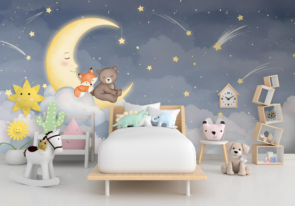 Bear and Fox on Moon Wall Graphics Farm Animal Peel and Stick Bear Animals room Fox Wallpaper Nursery wall decor Mural 577RS