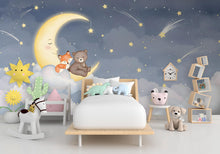 Load image into Gallery viewer, Bear and Fox on Moon Wall Graphics Farm Animal Peel and Stick Bear Animals room Fox Wallpaper Nursery wall decor Mural 577RS
