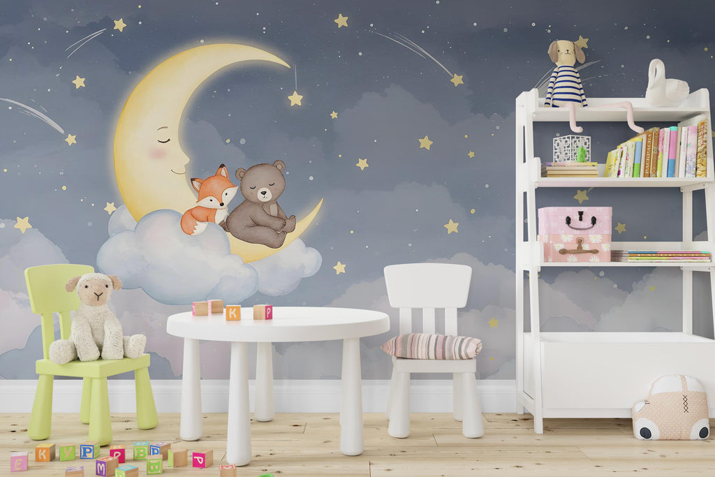 Bear and Fox on Moon Wall Graphics Farm Animal Peel and Stick Bear Animals room Fox Wallpaper Nursery wall decor Mural 577RS