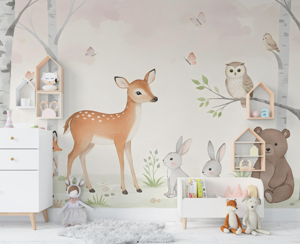 Forest Animals Wall Graphics Bear Fox Deer Peel and Stick Girl room Forest Wallpaper Nursery Self Adhesive Nursery wall decor Mural 578RS