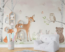 Load image into Gallery viewer, Forest Animals Wall Graphics Bear Fox Deer Peel and Stick Girl room Forest Wallpaper Nursery Self Adhesive Nursery wall decor Mural 578RS