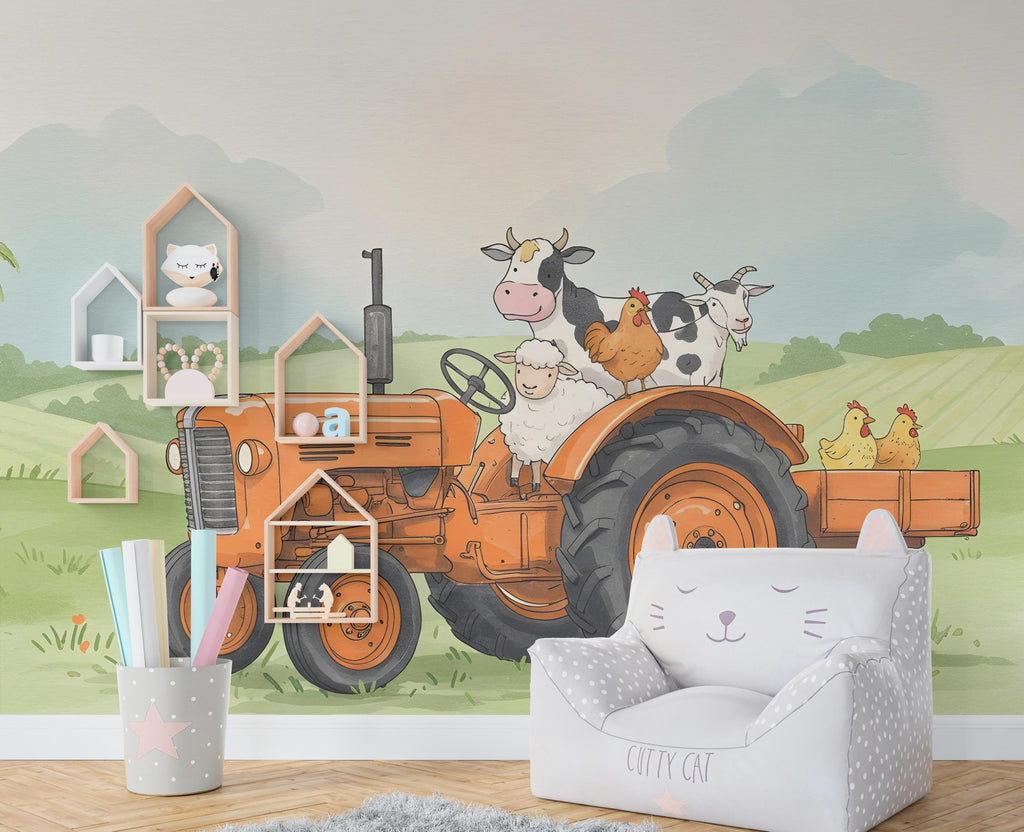 Farm Animals on Tractor Wall Graphics Farm Animal Peel and Stick Goat Sheep Pig Animals room Farm Wallpaper Nursery wall decor Mural 580RS