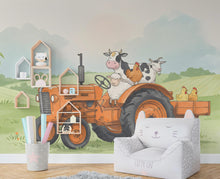 Load image into Gallery viewer, Farm Animals on Tractor Wall Graphics Farm Animal Peel and Stick Goat Sheep Pig Animals room Farm Wallpaper Nursery wall decor Mural 580RS