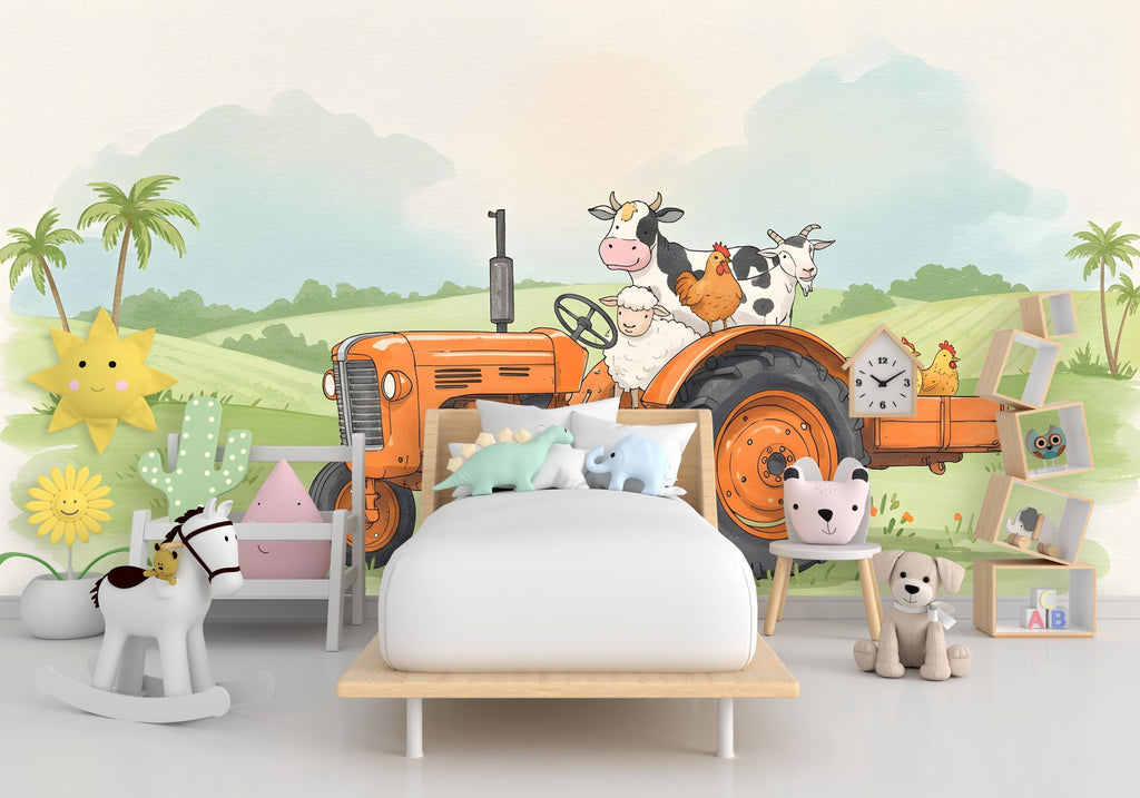 Farm Animals on Tractor Wall Graphics Farm Animal Peel and Stick Goat Sheep Pig Animals room Farm Wallpaper Nursery wall decor Mural 580RS