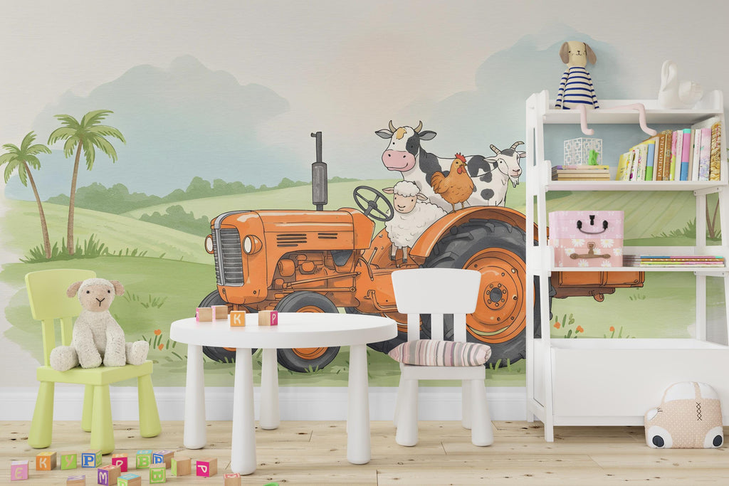 Farm Animals on Tractor Wall Graphics Farm Animal Peel and Stick Goat Sheep Pig Animals room Farm Wallpaper Nursery wall decor Mural 580RS
