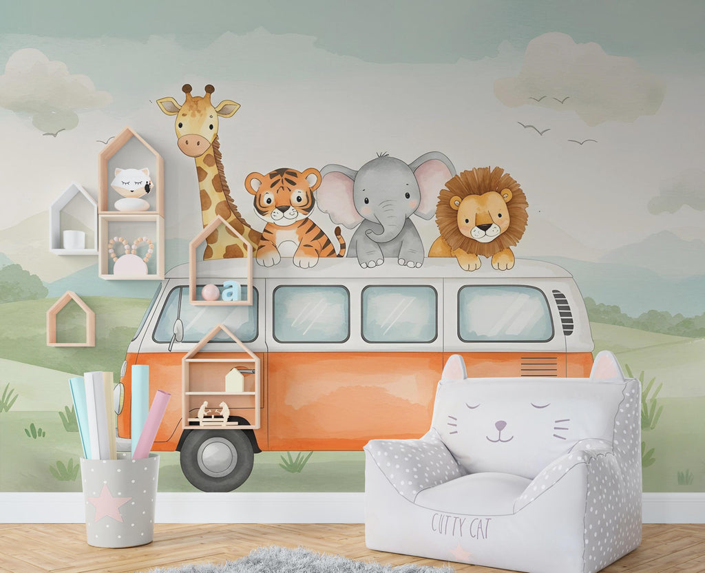 Safari Animals on the Bus Wallpaper, Nursery and Kids Room Mural Decor, Elephant and Giraffe Watercolor Wallpaper, Lion, Tiger Jungle 581RS
