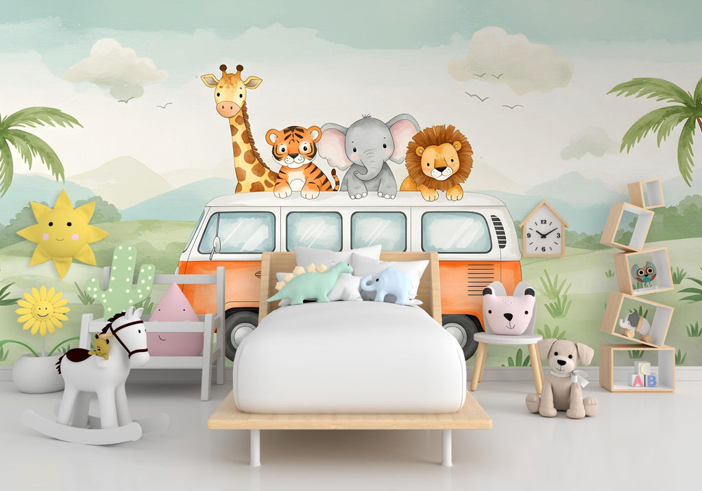 Safari Animals on the Bus Wallpaper, Nursery and Kids Room Mural Decor, Elephant and Giraffe Watercolor Wallpaper, Lion, Tiger Jungle 581RS