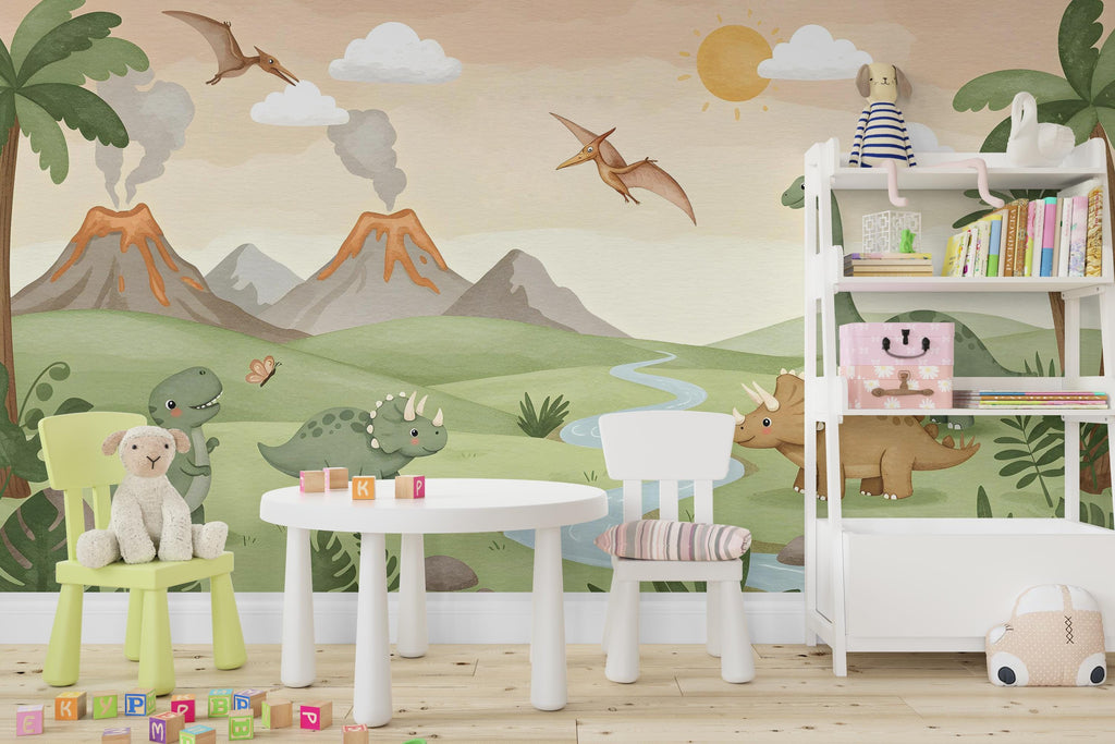 Dinosaur Wall Decal | Watercolor Dino Wallpaper | Prehistoric Wall Mural for Kids Room Nursery | T-Rex Jungle Decor 584RS