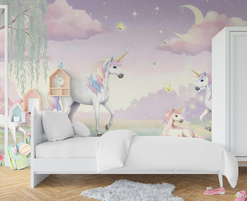 Unicorn Wallpaper | Enchanted Forest Wall Mural | Rainbow Unicorn Wall Decal for Kids Room & Nursery | Fantasy Wall Art 585RS