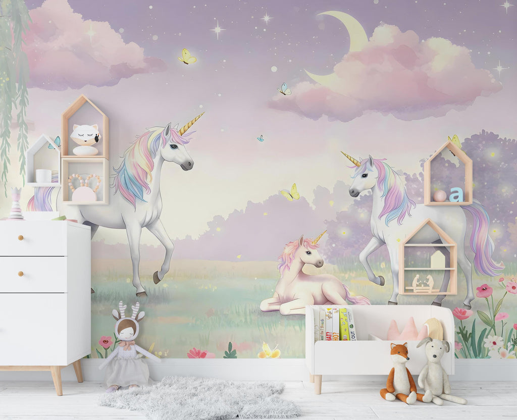 Unicorn Wallpaper | Enchanted Forest Wall Mural | Rainbow Unicorn Wall Decal for Kids Room & Nursery | Fantasy Wall Art 585RS