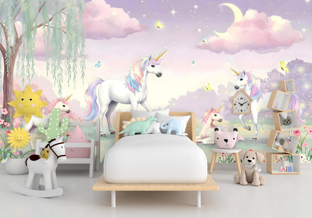 Unicorn Wallpaper | Enchanted Forest Wall Mural | Rainbow Unicorn Wall Decal for Kids Room & Nursery | Fantasy Wall Art 585RS