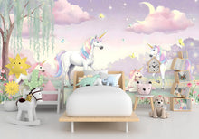 Load image into Gallery viewer, Unicorn Wallpaper | Enchanted Forest Wall Mural | Rainbow Unicorn Wall Decal for Kids Room &amp; Nursery | Fantasy Wall Art 585RS