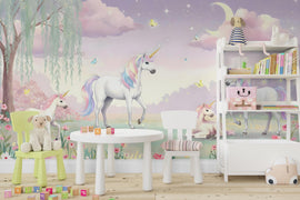 Unicorn Wallpaper | Enchanted Forest Wall Mural | Rainbow Unicorn Wall Decal for Kids Room & Nursery | Fantasy Wall Art 585RS