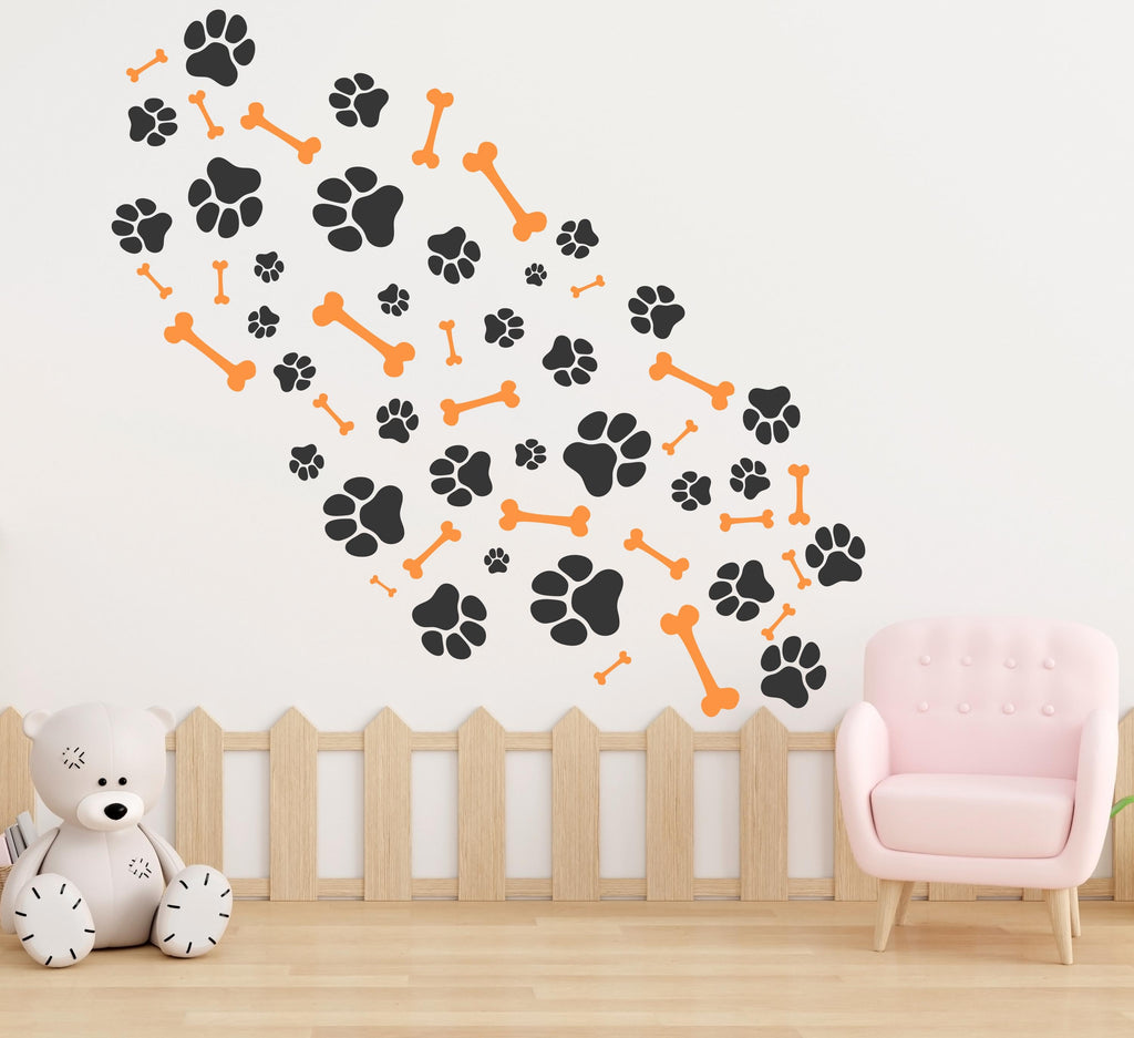 Dog Paw Print Bone Wall Decal - Pet Lover's Wall Decor, Vinyl Sticker for Grooming Salon, Pet Care, Living Room, Bedroom or Nursery 563LU