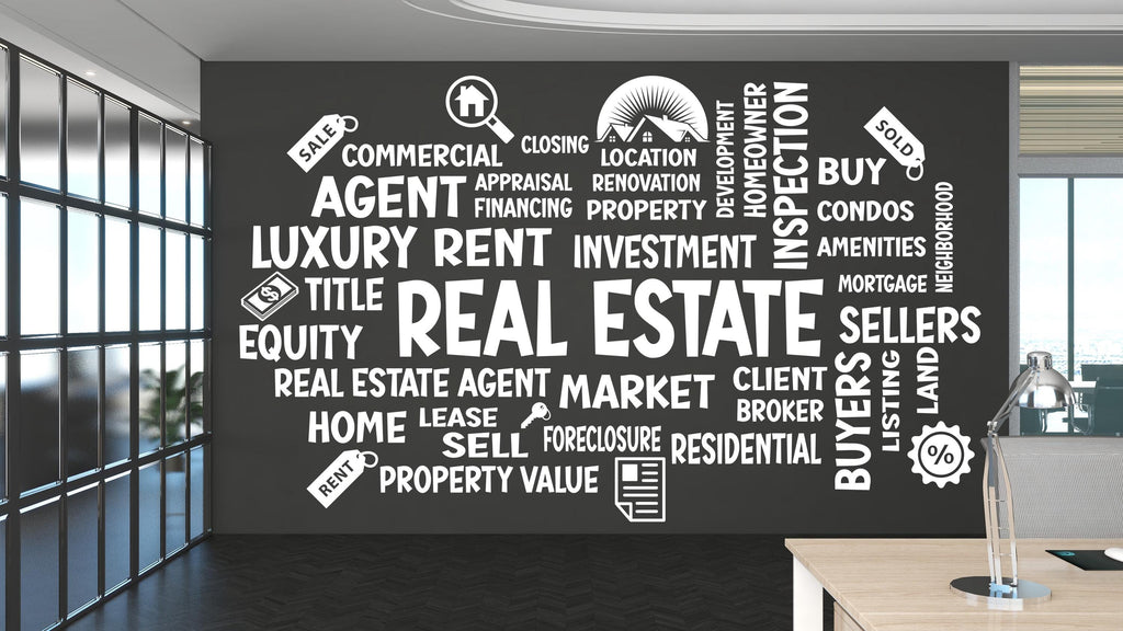 Real Estate Vinyl Wall Decal, Agent Realtor Broker Agency Office Idea Window Business Decor Art Sticker Mural, Real Estate word cloud 565LU