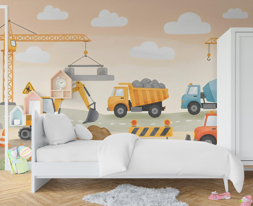 Construction Wallpaper | Boys Room Wall Mural | Digger, Bulldozer & Cement Mixer Wall Decal | Truck Themed Nursery Decor 586RS