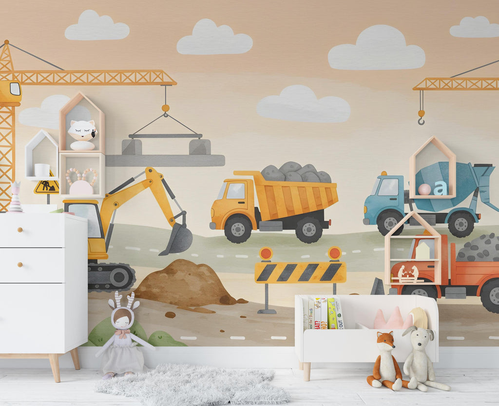 Construction Wallpaper | Boys Room Wall Mural | Digger, Bulldozer & Cement Mixer Wall Decal | Truck Themed Nursery Decor 586RS