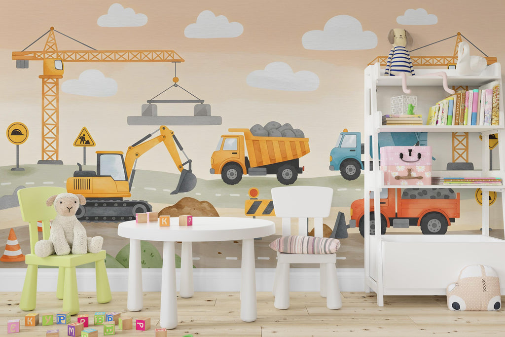 Construction Wallpaper | Boys Room Wall Mural | Digger, Bulldozer & Cement Mixer Wall Decal | Truck Themed Nursery Decor 586RS