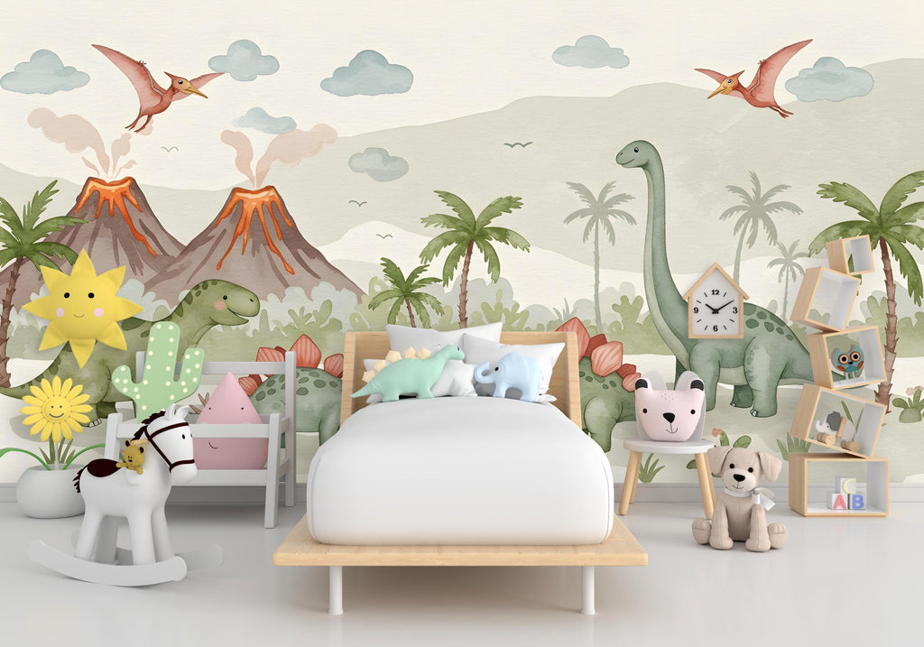 Dinosaur Wall Decal | Watercolor Dino Wallpaper | Prehistoric Wall Mural for Kids Room Nursery | T-Rex Jungle Decor 587RS