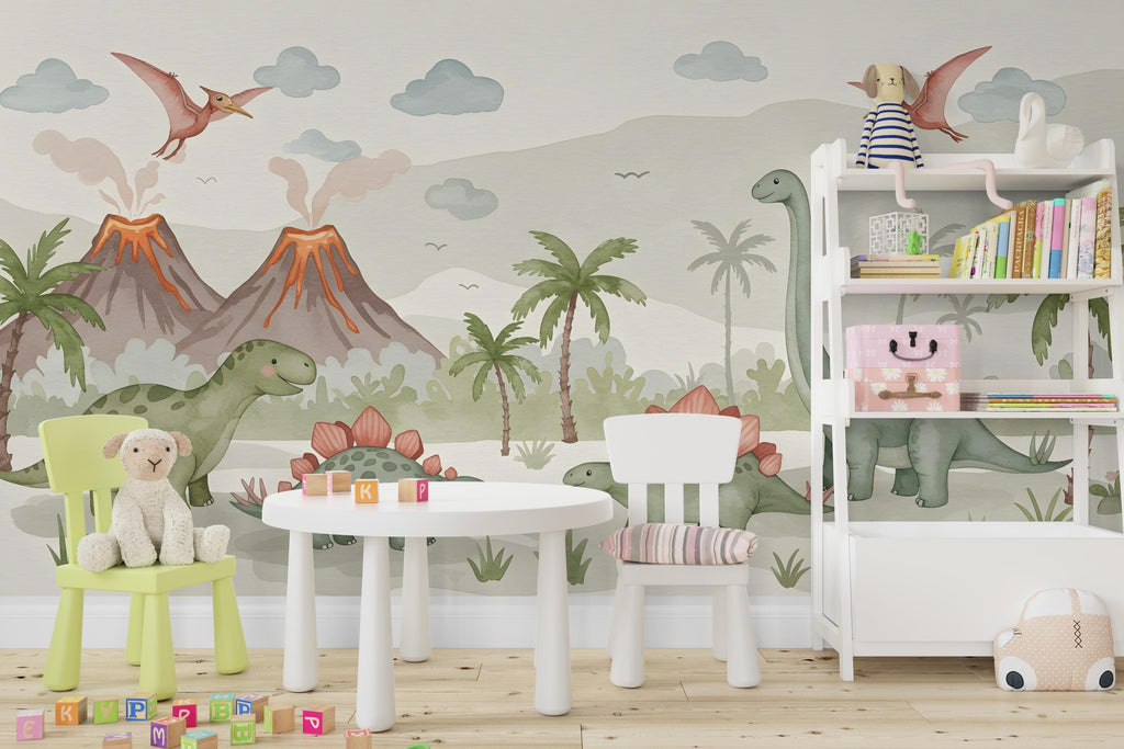 Dinosaur Wall Decal | Watercolor Dino Wallpaper | Prehistoric Wall Mural for Kids Room Nursery | T-Rex Jungle Decor 587RS
